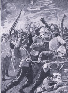 La défense de Rorkes Drift, illustration de British Battles on Land and Sea, 1915 - Richard Caton Woodville junior