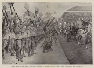 Trois vivats pour la reine ! Sa Majesté inspectant la brigade de la maison avant leur départ pour le théâtre de la guerre