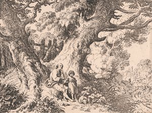 Vieux arbres avec vieil homme, enfant et chien - Richard Corbould