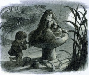 Une fée des eaux assise sur un champignon est courtisée par un amoureux. Dans 