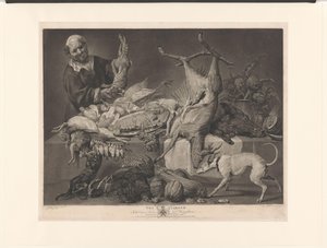 Marchand montrant du gibier, des artichauts, des citrouilles et un homard (Le Garde-manger)