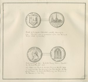 Lichfield - Médailles de la cathédrale de Lichfield et des armoiries de la ville, et un portrait de Richard Greene: dessin à la plume - Richard Greene
