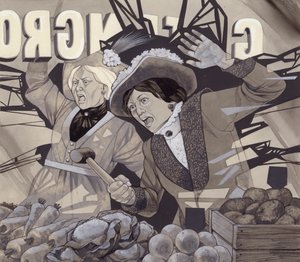 Suffragettes brisant des fenêtres (gouache sur papier)