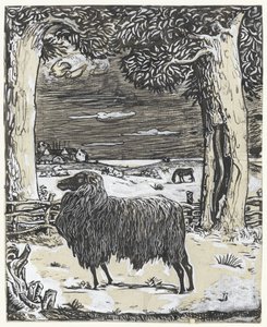 Mouton dans un paysage avec deux arbres