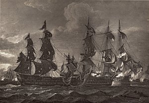 Le capitaine HMS abordant le San Nicholas et le San Josef, illustration de 