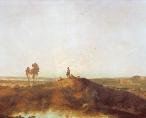 Un étang avec des figures sur une butte