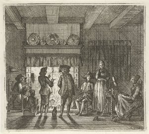 Intérieur avec des personnages près de la cheminée