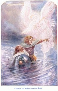 Christian et Hopeful traversent la rivière, de The Pilgrims Progress publié par John F Shaw & Co, vers 1900