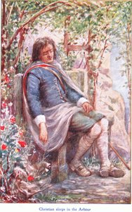 Christian dort dans la tonnelle, de The Pilgrims Progress publié par John F Shaw & Co, vers 1900