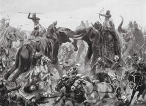 La défaite de Pulikesin II Chalukhya par Mahamalla Pallava à Badami, 642 après J.-C. (lithographie) - Robert Ambrose Dudley