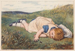 Fille fascinée par un scarabée (litho en couleur) - Robert Barnes