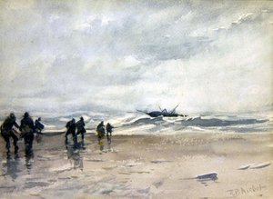 Pêcheurs tirant un bateau de pêche en détresse - Robert Buchan Nisbet