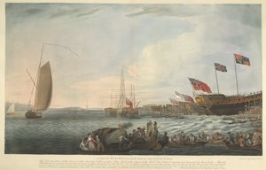 Vue de Blackwall, avec une partie du chantier naval, lors du lancement du Bombay Castle, 74 canons, construit aux frais de la Compagnie des Indes orientales et présenté à Sa Majesté en juin 1782