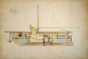 Dessin original du Nautilus, le premier sous-marin, présenté par son inventeur Robert Fulton (1765-1815) au Sénat américain en 1806. - Robert Fulton