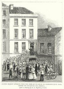 Le Père Mathew parlant des marches de sa maison sur Charlotte Quay, Cork, avant son départ pour l