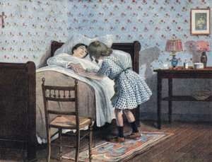 Une petite fille au chevet de sa mère malade attend sa guerre. Illustration de Robert Salles (1871-1929) dans « Je sais Lire ».