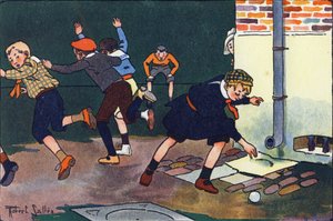 Balle au mur. Gravure dans "À quoi jouons-nous ?" par E. Weber avec des dessins aquarellés de Robert Salles (1871-1929). Librairie Garnier Frères, Paris - Robert Salles