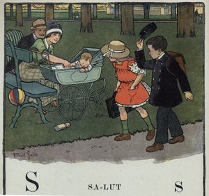 Livre pour enfants “Je lirai - Alphabet méthodique et amusant par un papa” 1926. Illustration de Robert Salles (1871-1929). Abécédaire : lettre S comme Salut. Un garçon salue un couple et leur bébé en soulevant sa casquette.