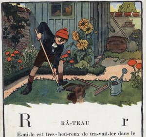 Livre pour enfants “Je lirai - Alphabet méthodique et amusant par un papa” 1926. Illustration de Robert Salles (1871-1929). Abécédaire : lettre R comme Rateau. Un garçon jardine dans le jardin de sa maison. - Robert Salles