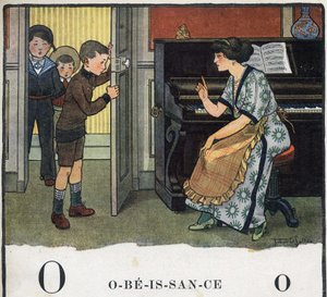 Livre pour enfants « Je lirai - Alphabet méthodique et amusant par un papa » 1926. Abécédaire : lettre O comme Obéissance. Une mère gronde ses garçons.