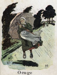 Livre pour enfants « Je lirai - Alphabet méthodique et amusant par un papa » 1926. Illustration de Robert Salles (1871-1929). « Tempête » : une femme sous la pluie se protège avec son parapluie.