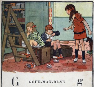 Livre pour enfants « Je lirai - Alphabet méthodique et amusant par un papa » 1926. Illustration de Robert Salles (1871-1929). Abécédaire : lettre G comme Gourmandise. Fille et garçons mangent des fruits confits en secret.