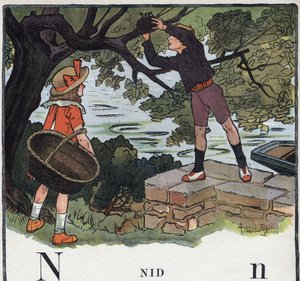 Livre pour enfants « Je saurai lire - Alphabet méthodique et amusant par un papa » 1926. Illustration de Robert Salles (1871-1929). Abécédaire : lettre N comme nid. Un garçon prend un nid construit sur un arbre - Robert Salles