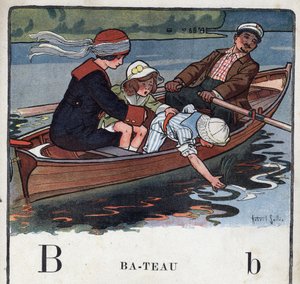 Livre pour enfants « Je saurai lire - Alphabet méthodique et amusant par un papa » 1926. Illustration de Robert Salles (1871-1929). Abécédaire : lettre B comme bateau. Une famille en bateau se promène - Robert Salles