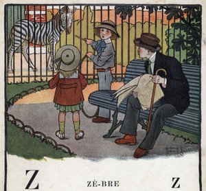Livre pour enfants « Je lirai - Alphabet méthodique et amusant par un papa » 1926. Illustration de Robert Salles (1871-1929). Abécédaire : lettre Z comme Zèbre. Des enfants, avec un cerceau, regardent un zèbre dans un zoo