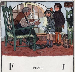 Livre pour enfants « Je lirai - Alphabet méthodique et amusant par un papa » 1926. Illustration de Robert Salles (1871-1929). Abécédaire : lettre F comme Fête. Une fille et un garçon offrent des cadeaux pour la fête de leur grand-père