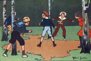 Les quatre coins. Gravure dans « À quoi jouons-nous ? » par E. Weber avec des dessins aquarellés de Robert Salles (1871-1929). Librairie Garnier Frères, Paris - Robert Salles