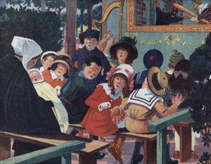 Spectacle de marionnettes : Les enfants dans le théâtre de guignol sont dérangés par un bébé qui pleure. Illustration de Robert Salles dans « Je sais Lire ».