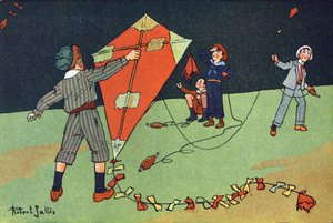 Le cerf-volant. Gravure dans « À quoi jouons-nous ? » par E. Weber avec des dessins aquarellés de Robert Salles (1871-1929). Librairie Garnier Frères, Paris - Robert Salles