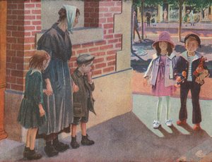 Deux enfants riches rencontrant une mère pauvre et ses enfants mendiant dans la rue (litho couleur)