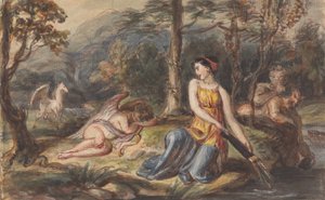 Diane, déesse de la chasse, avec des satyres, Cupidon endormi et un Pégase dans un paysage boisé - Robert Smirke