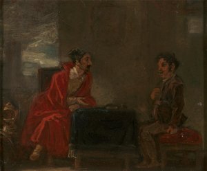 Illustration pour Don Quichotte, deux personnages à une table