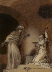 Illustration pour un roman oriental, peut-être "Les Mille et Une Nuits", avec une figure féminine agenouillée à droite - Robert Smirke