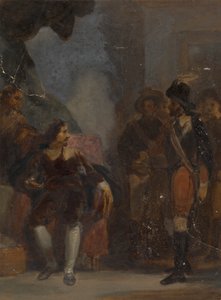 Homme assis parlant à un soldat debout