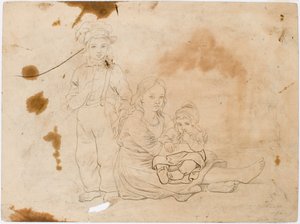 Enfants du Småland, une fille avec un enfant sur les genoux et un garçon à côté d