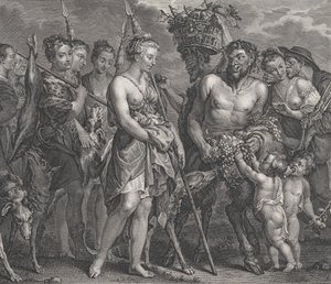 Diane revenant de la chasse, accompagnée de chiens et de ses nymphes à gauche, deux satyres, vers 1808 - Robert de Launay
