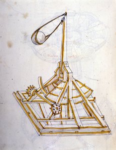 Art de la guerre : étude sur les machines militaires. une machine lance pierres tournante, illustration tirée de 