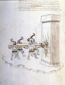 Art de la guerre : étude sur les machines militaires. utilisation du bélier pour assiéger une tour, illustration tirée de 
