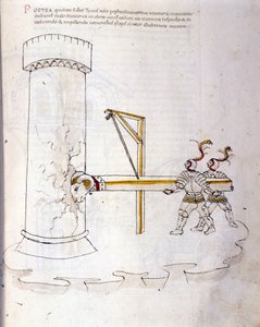 Art de la guerre : étude sur les machines militaires. utilisation du bélier pour assiéger une tour, illustration tirée de 