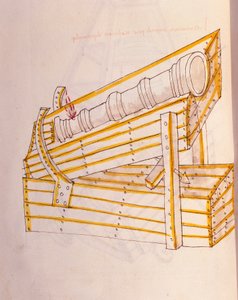 Art de la guerre : étude sur les machines militaires. Canon posé sur sa monture, avec un système pour le soulever, illustration de 