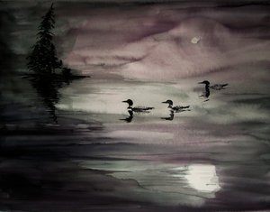 Des huards sur un lac au clair de lune