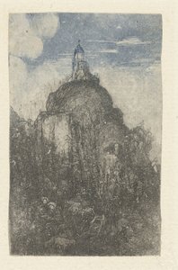 Bâtiment sur un rocher et bergers se reposant avec des moutons au pied du rocher (Le Phare, Chapelle alpestre) - Rodolphe Bresdin
