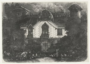 Maison avec tour derrière une clôture et bergère avec bétail - Rodolphe Bresdin