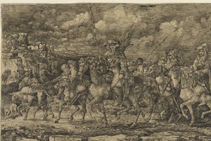 Roi des Huns avec ses femmes entouré de serviteurs et de bétail, traversant un paysage - Rodolphe Bresdin