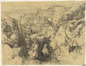 Paysage avec rochers et pont de pierre sur un torrent de montagne