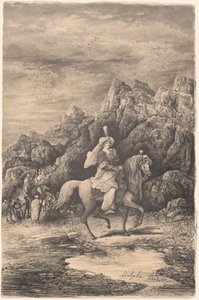 Cavalière orientale dans un paysage montagneux désolé - Rodolphe Bresdin